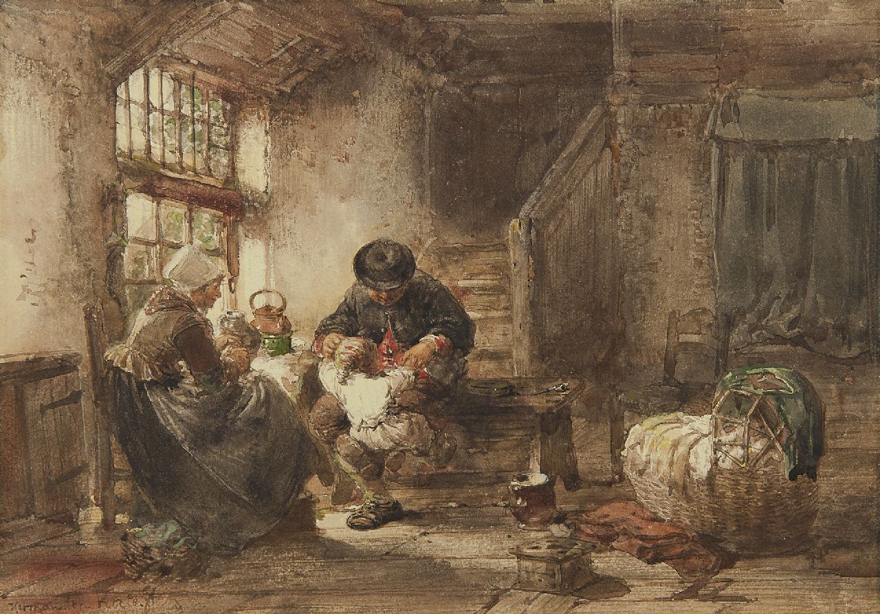 Kate H.F.C. ten | 'Herman' Frederik Carel ten Kate, De gelukkige familie in Marken, aquarel op papier 20,2 x 28,9 cm, gesigneerd linksonder