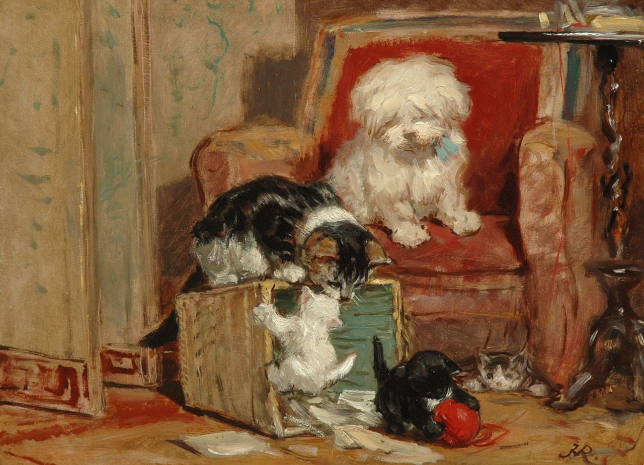 Ronner-Knip H. | Henriette Ronner-Knip, Kattenkwaad, olieverf op paneel 27,2 x 36,7 cm, gesigneerd rechtsonder met monogram Ronner-Knip H. | Henriette Ronner-Knip, Kattenkwaad, olieverf op paneel 27,2 x 36,7 cm, gesigneerd rechtsonder met monogram