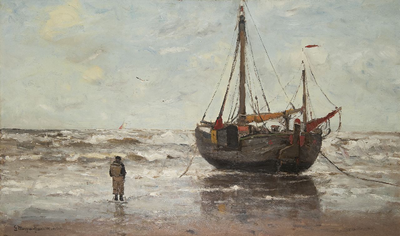 Munthe G.A.L. | Gerhard Arij Ludwig 'Morgenstjerne' Munthe, Voor anker in de branding, olieverf op doek 64,9 x 108,4 cm, gesigneerd linksonder Munthe G.A.L. | Gerhard Arij Ludwig 'Morgenstjerne' Munthe, Voor anker in de branding, olieverf op doek 64,9 x 108,4 cm, gesigneerd linksonder