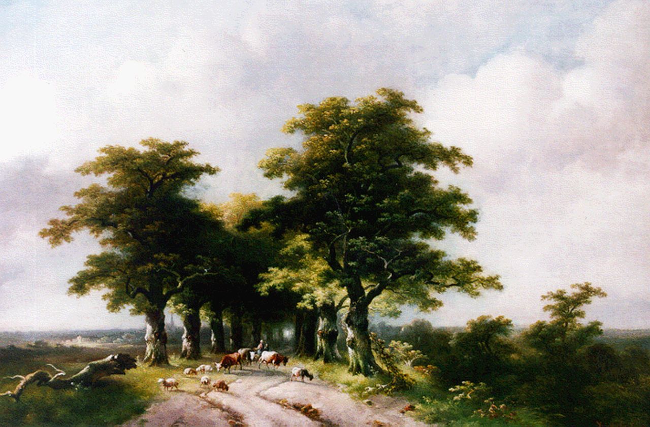Eijcken sr. Ch. van der | Charles 'Karel' van der Eijcken sr., Figuren met vee op een bospad, olieverf op paneel 35,3 x 50,3 cm, gesigneerd rechtsonder Eijcken sr. Ch. van der | Charles 'Karel' van der Eijcken sr., Figuren met vee op een bospad, olieverf op paneel 35,3 x 50,3 cm, gesigneerd rechtsonder