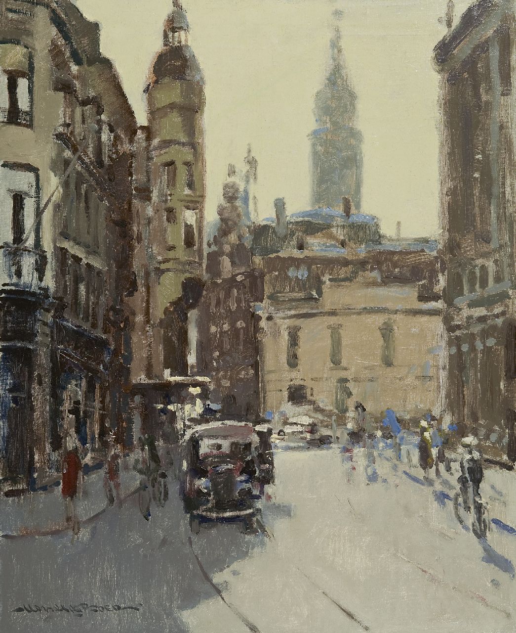 Boer H. de | Hessel de Boer, De Gravenstraat, Den Haag, met de toren van het oude stadhuis, olieverf op doek 60,0 x 50,0 cm, gesigneerd linksonder Boer H. de | Hessel de Boer, De Gravenstraat, Den Haag, met de toren van het oude stadhuis, olieverf op doek 60,0 x 50,0 cm, gesigneerd linksonder