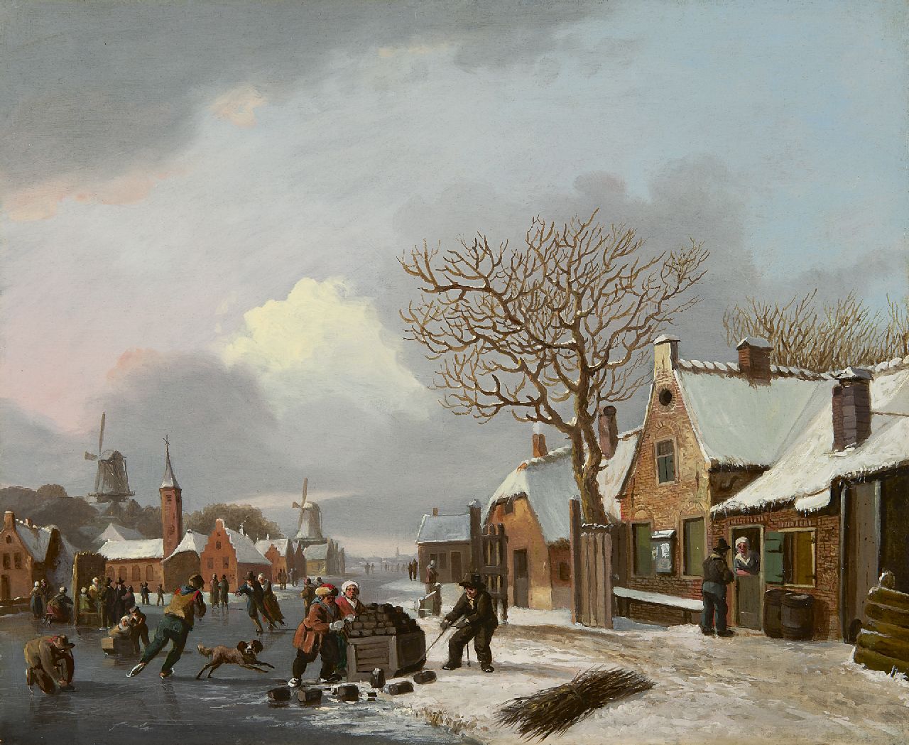 Stok J. van der | Jacobus van der Stok, Winterlandschap met schaatsers, olieverf op paneel 32,1 x 38,9 cm Stok J. van der | Jacobus van der Stok, Winterlandschap met schaatsers, olieverf op paneel 32,1 x 38,9 cm