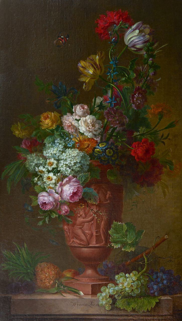 Leen W. van | Willem van Leen, Pronkstilleven met bloemen en vruchten, olieverf op doek 130,5 x 75,2 cm, gesigneerd middenonder Leen W. van | Willem van Leen, Pronkstilleven met bloemen en vruchten, olieverf op doek 130,5 x 75,2 cm, gesigneerd middenonder