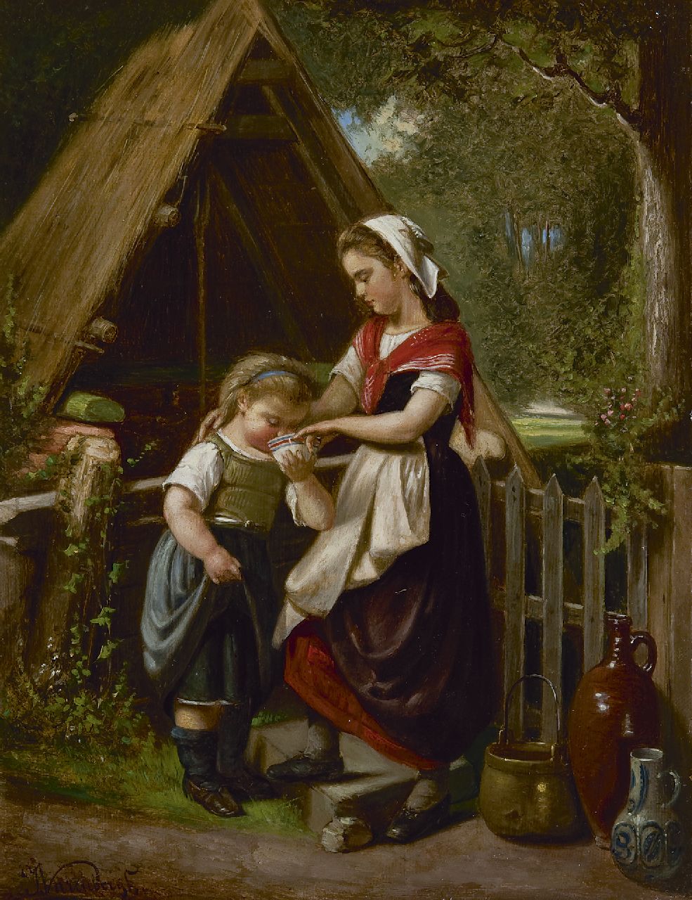 Varenbergh J. | Jan Varenbergh, Bij het melkhuisje, olieverf op paneel 30,9 x 23,6 cm, gesigneerd linksonder Varenbergh J. | Jan Varenbergh, Bij het melkhuisje, olieverf op paneel 30,9 x 23,6 cm, gesigneerd linksonder