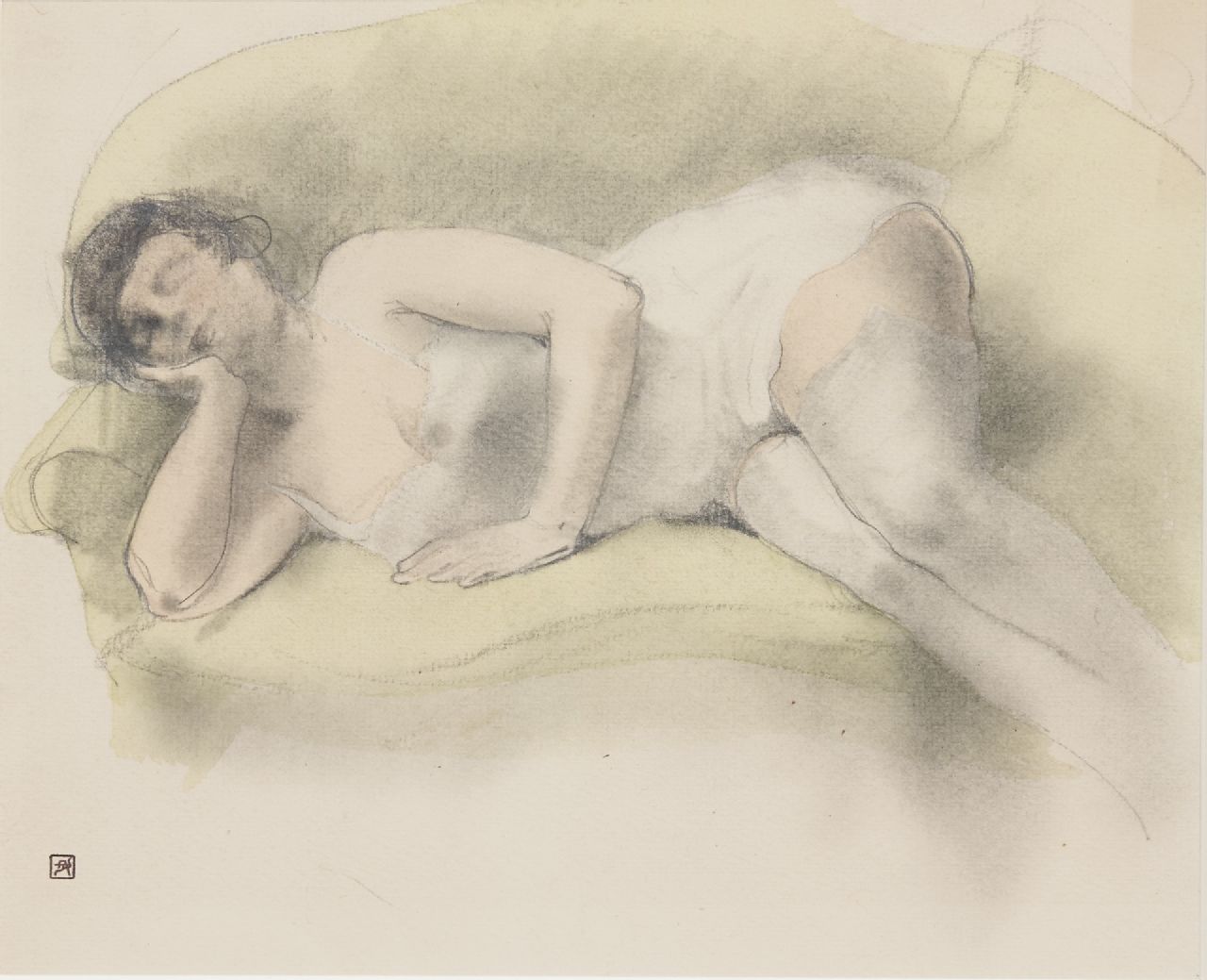 Rassenfosse A.L. | André Louis 'Armand' Rassenfosse | Aquarellen en tekeningen te koop aangeboden | Naakt op canapé, krijt en aquarel op papier 19,0 x 24,0 cm, gesigneerd linksonder met kunstenaarsstempel Rassenfosse A.L. | André Louis 'Armand' Rassenfosse | Aquarellen en tekeningen te koop aangeboden | Naakt op canapé, krijt en aquarel op papier 19,0 x 24,0 cm, gesigneerd linksonder met kunstenaarsstempel