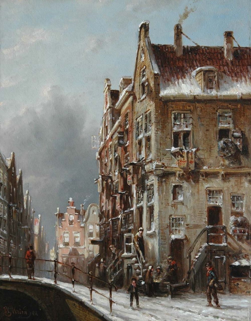 Vertin P.G. | Petrus Gerardus Vertin, Winters straatje met een brug en figuren bij een vuurtje, olieverf op paneel 25,4 x 19,6 cm, gesigneerd linksonder en gedateerd '84 Vertin P.G. | Petrus Gerardus Vertin, Winters straatje met een brug en figuren bij een vuurtje, olieverf op paneel 25,4 x 19,6 cm, gesigneerd linksonder en gedateerd '84