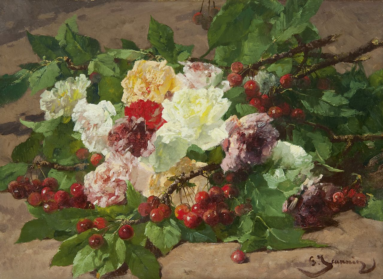 Georges Jeannin | Kersentakken en rozen op de bosgrond, olieverf op doek, 41,8 x 56,7 cm, gesigneerd r.o.