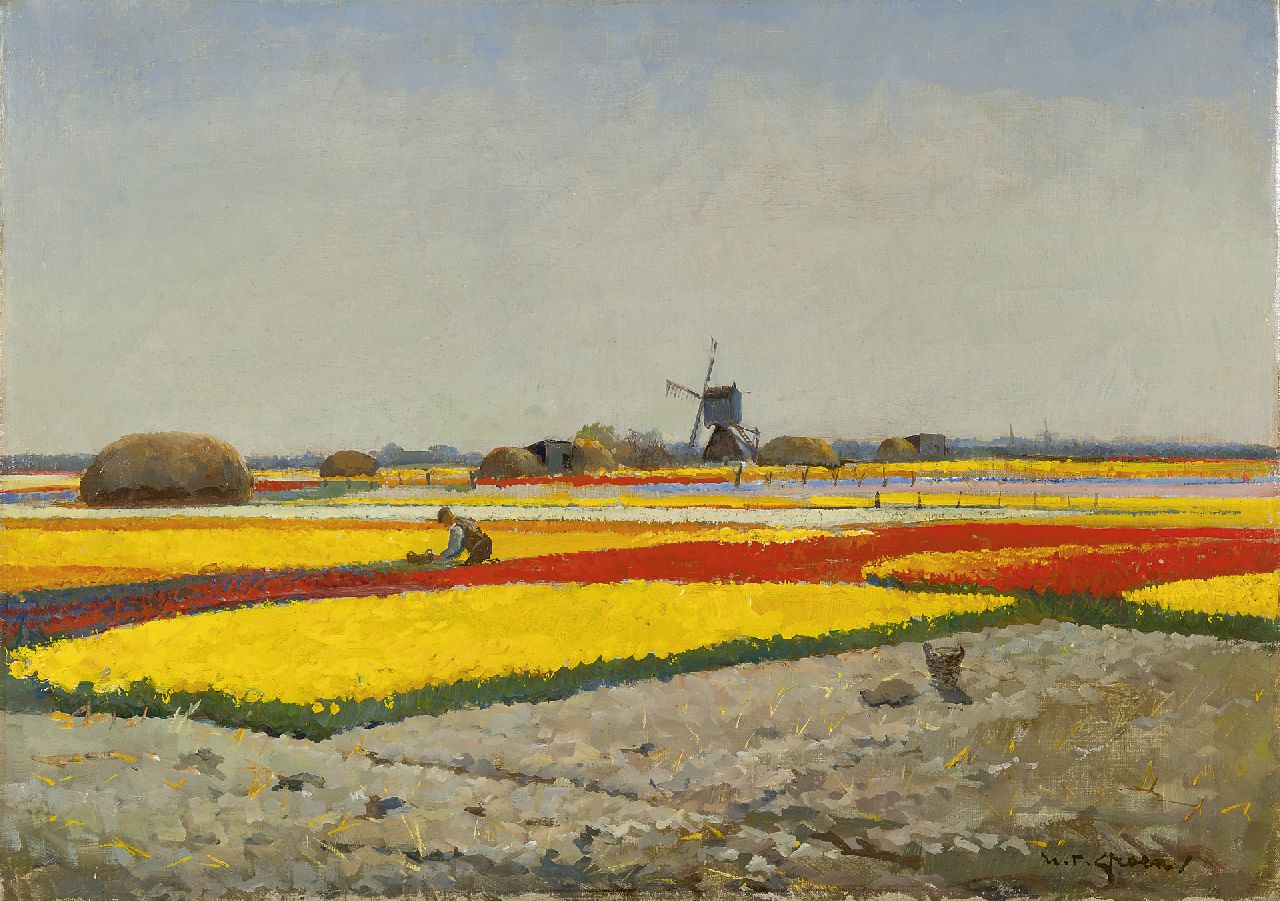 Groen H.P. | Hendrik Pieter 'Piet' Groen, Bloeiende tulpenvelden, olieverf op doek 50,1 x 70,0 cm, gesigneerd rechtsonder Groen H.P. | Hendrik Pieter 'Piet' Groen, Bloeiende tulpenvelden, olieverf op doek 50,1 x 70,0 cm, gesigneerd rechtsonder