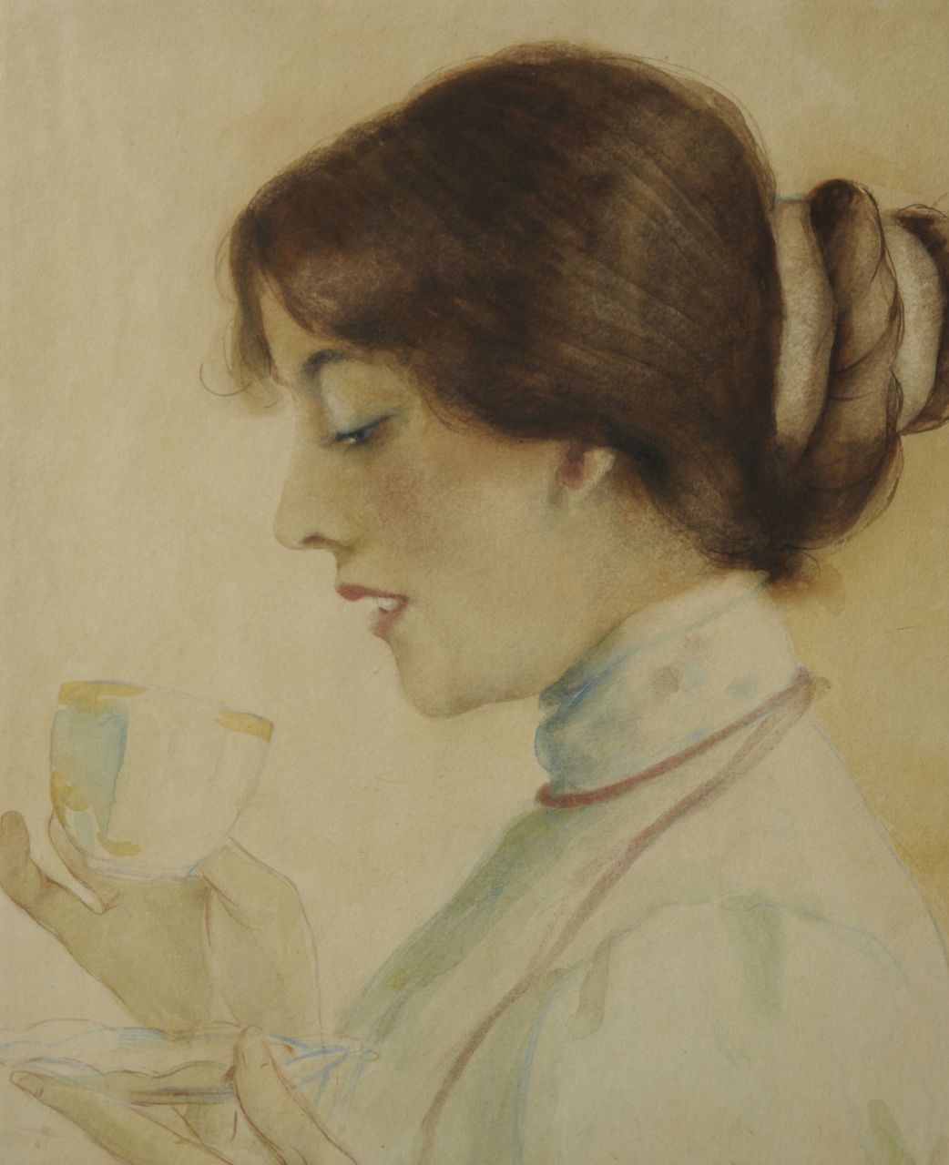 Meegeren H.A. van | Henricus Antonius 'Han' van Meegeren, Theedrinkende vrouw, pastel en aquarel op papier 35,2 x 29,9 cm