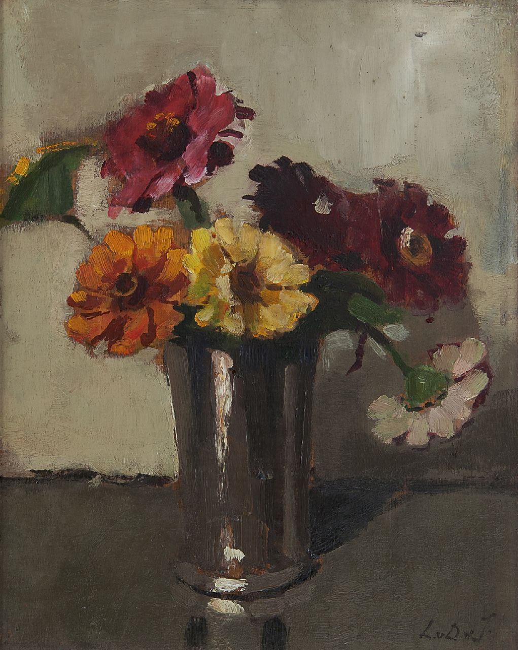 Dam van Isselt L. van | Lucie van Dam van Isselt, Zinnia's, olieverf op paneel 27,0 x 21,5 cm, gesigneerd rechtsonder