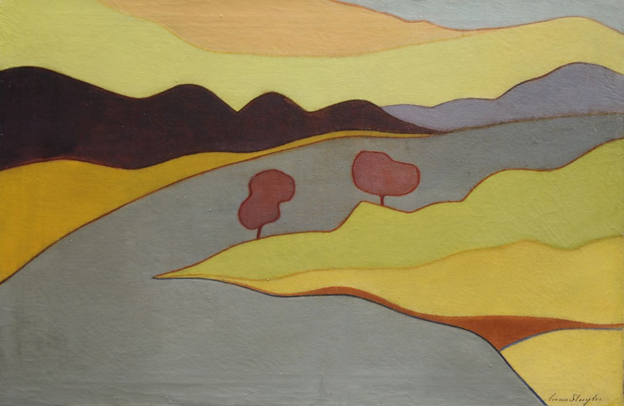 Sluijter J.J.H. | Johanna Jozina Helena 'Anna' Sluijter, Glooiend landschap met rivier, olieverf op doek 60,0 x 90,0 cm, gesigneerd rechtsonder en te dateren ca. 1923 Sluijter J.J.H. | Johanna Jozina Helena 'Anna' Sluijter, Glooiend landschap met rivier, olieverf op doek 60,0 x 90,0 cm, gesigneerd rechtsonder en te dateren ca. 1923