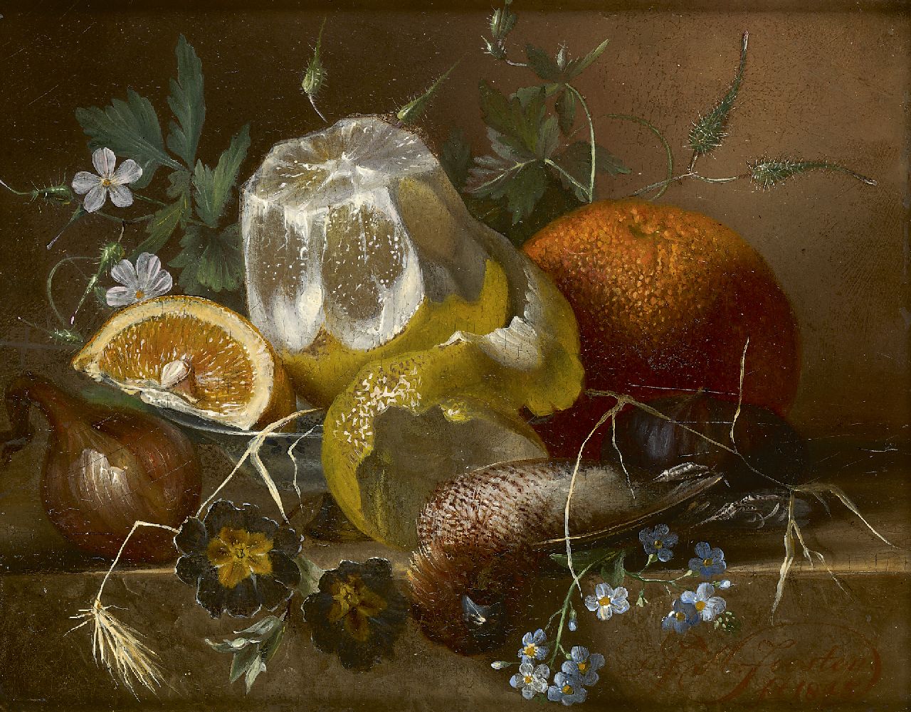 Joosten D.J.H. | Dirk Jan Hendrik Joosten, Stilleven met vruchten en wild op een plint, olieverf op paneel 15,2 x 19,5 cm, gesigneerd rechtsonder en gedateerd 1845 Joosten D.J.H. | Dirk Jan Hendrik Joosten, Stilleven met vruchten en wild op een plint, olieverf op paneel 15,2 x 19,5 cm, gesigneerd rechtsonder en gedateerd 1845
