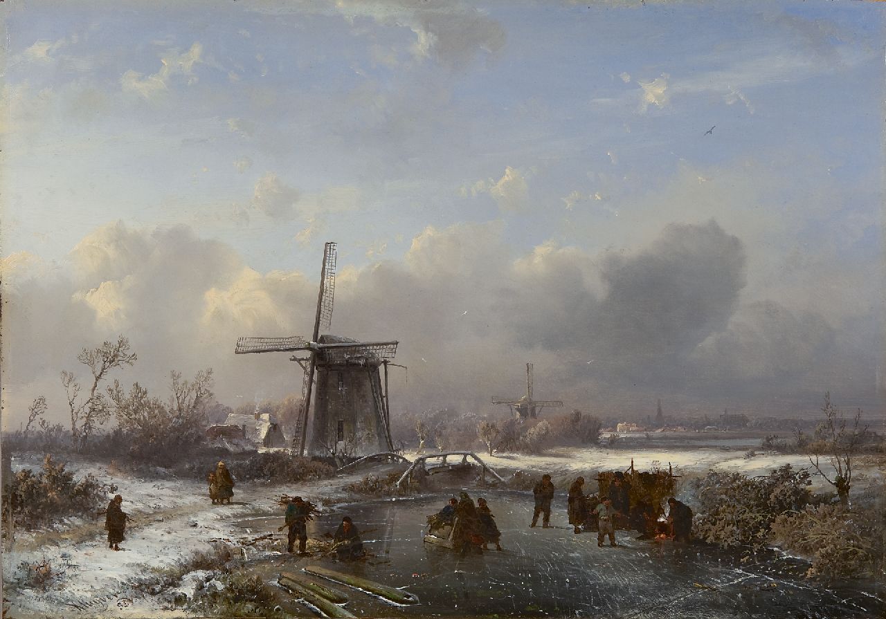 Kluyver P.L.F.  | 'Pieter' Lodewijk Francisco Kluyver, Winterlandschap met schaatsers en koek-en-zopie, olieverf op paneel 32,4 x 46,0 cm, gesigneerd linksonder 'Kluyver' en 'S.L.V. fig.' en te dateren ca. 1850-1855