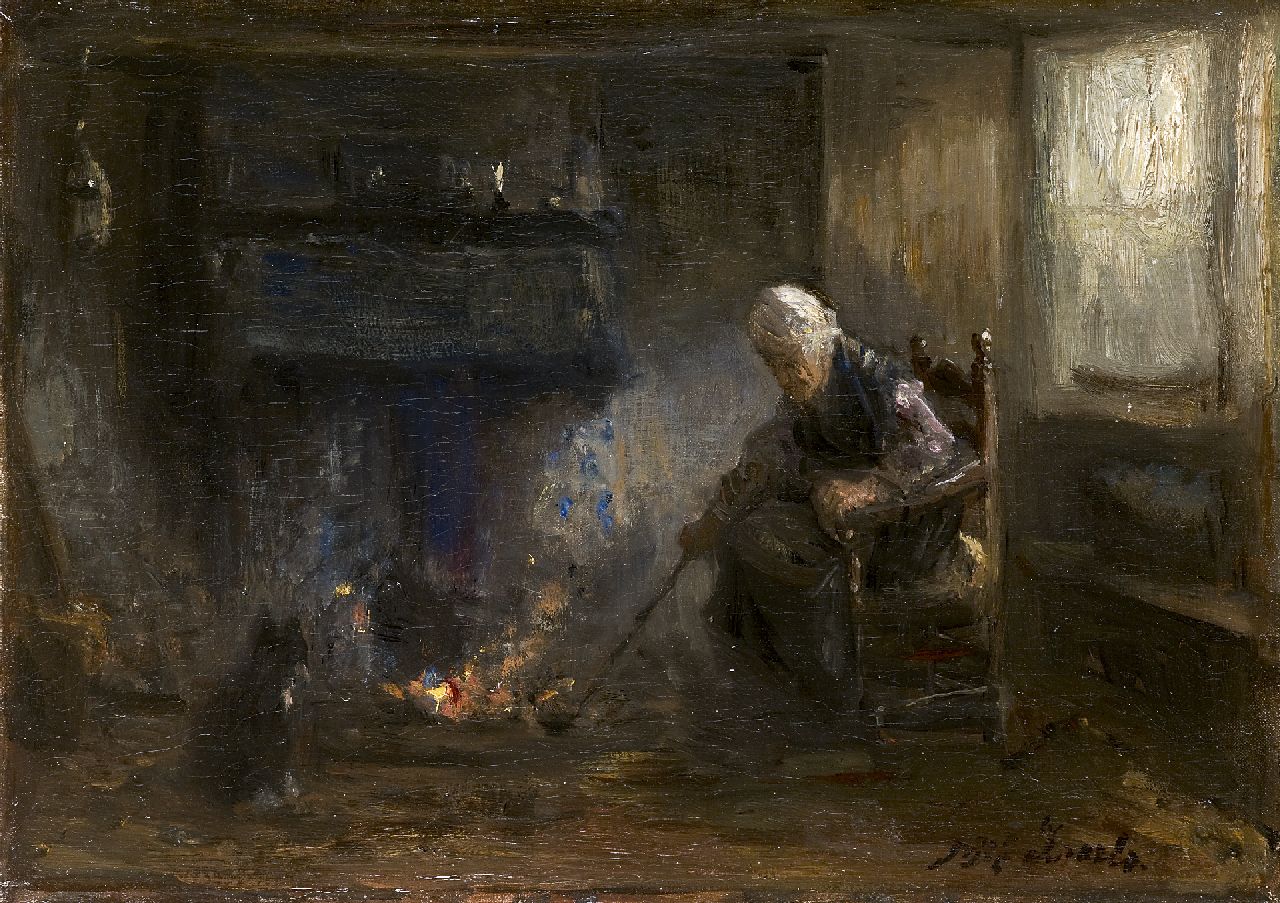 Israëls J.  | Jozef Israëls, Bij de haard, olieverf op doek 29,8 x 41,8 cm, gesigneerd rechtsonder
