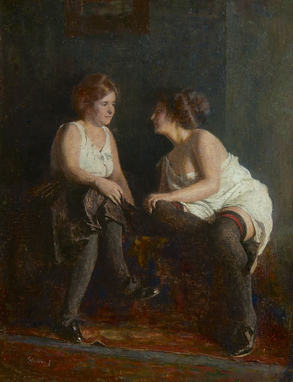 Glatter A. | Armin Glatter, Gedeelde geheimpjes, olieverf op paneel 13,4 x 10,4 cm, gesigneerd linksonder Glatter A. | Armin Glatter, Gedeelde geheimpjes, olieverf op paneel 13,4 x 10,4 cm, gesigneerd linksonder
