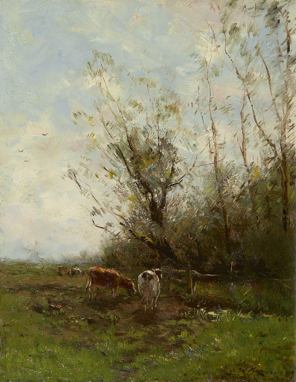 Maris W. | Willem Maris, Polderlandschap met koeien, olieverf op paneel 26,4 x 20,6 cm, gesigneerd rechtsonder Maris W. | Willem Maris, Polderlandschap met koeien, olieverf op paneel 26,4 x 20,6 cm, gesigneerd rechtsonder