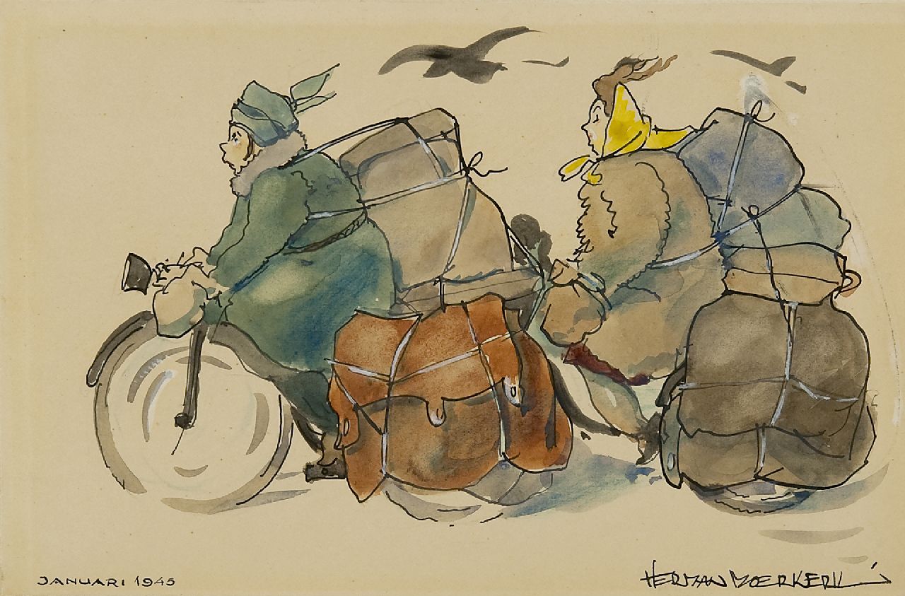 Moerkerk H.A.J.M.  | Hermanus Antonius Josephus Maria 'Herman' Moerkerk, Bepakt en bezakt in de hongerwinter, aquarel op papier 13,8 x 20,9 cm, gesigneerd rechtsonder en gedateerd januari 1945