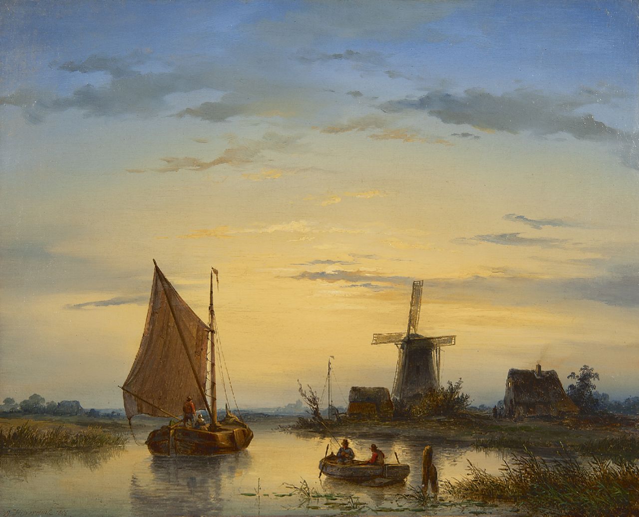 Hilverdink J.  | Johannes Hilverdink, Riviergezicht bij ondergaande zon, olieverf op doek 39,0 x 48,5 cm, gesigneerd linksonder en gedateerd 1846