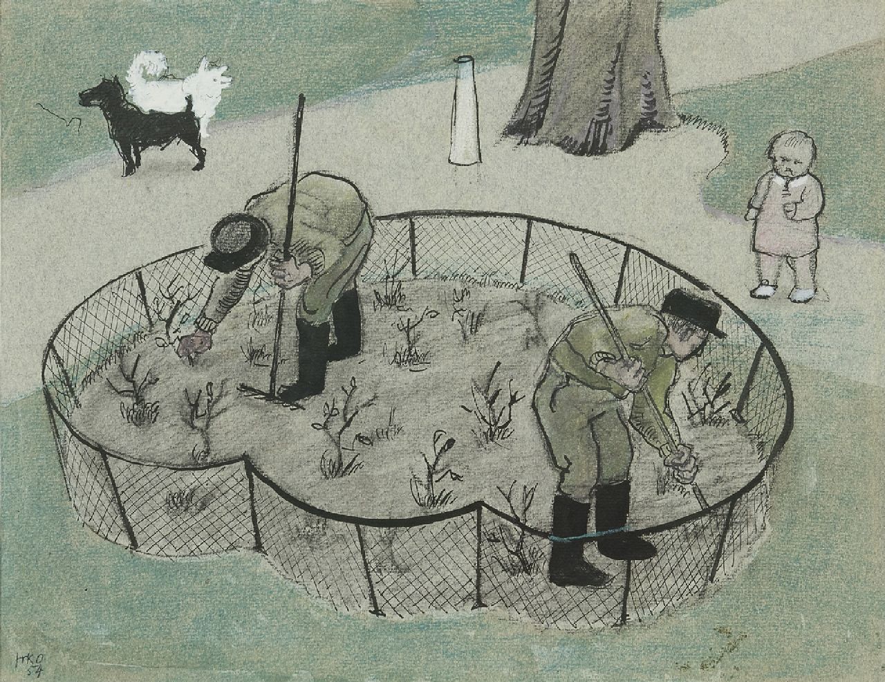 Kamerlingh Onnes H.H.  | 'Harm' Henrick Kamerlingh Onnes | Aquarellen en tekeningen te koop aangeboden | Het rozenperkje (Nieuwe Plantage, Delft), Oost-Indische inkt en krijt op papier 25,5 x 32,8 cm, gesigneerd linksonder met monogram en gedateerd '54