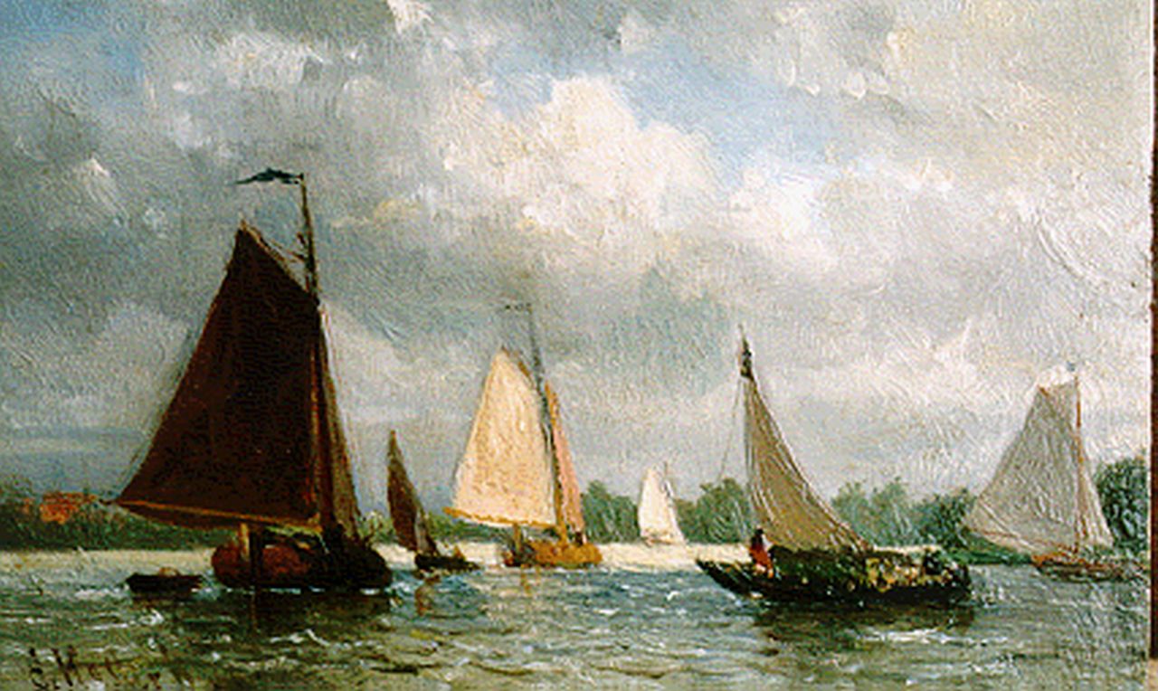 Koster E.  | Everhardus Koster, Zeilboten voor de kust, olieverf op paneel 10,8 x 16,9 cm, gesigneerd linksonder