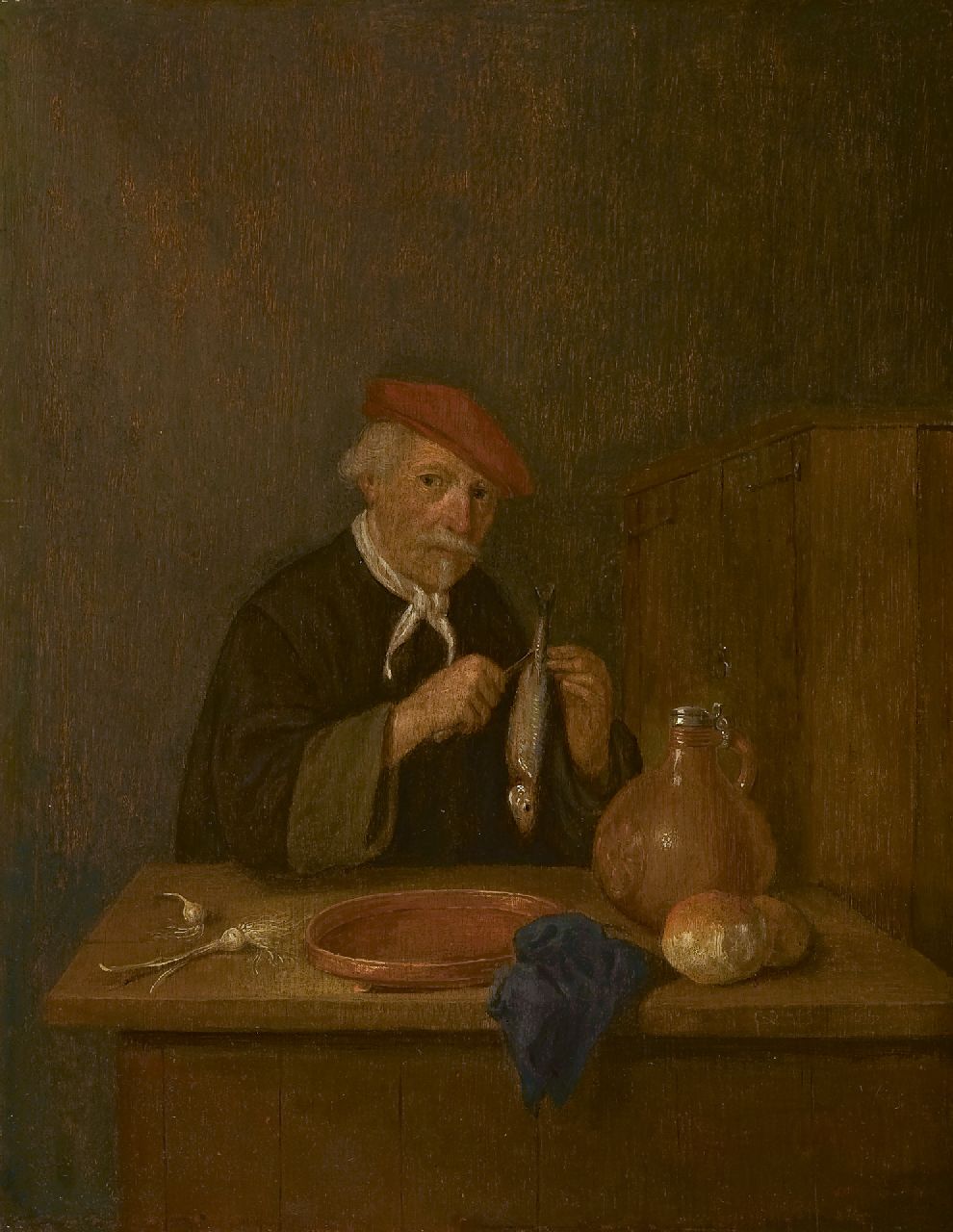 Brekelenkam Q.G. van | Quiringh Gerritz. van Brekelenkam, Man met haring, olieverf op paneel 39,5 x 30,4 cm, gesigneerd rechtsonder met initialen en gedateerd 1665