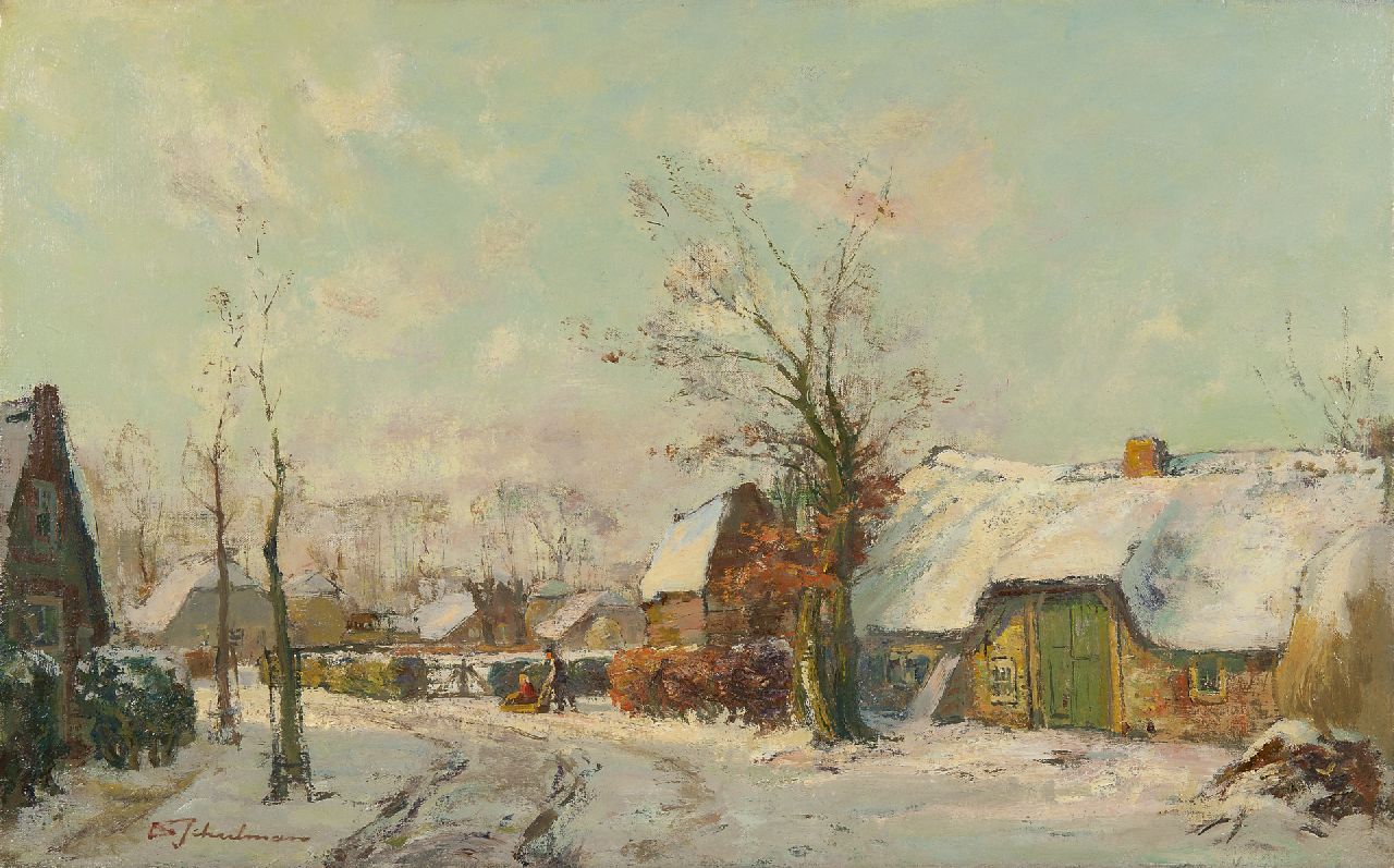 Schulman D. | David Schulman | Schilderijen te koop aangeboden | Boerenpaar in de sneeuw, Blaricum, olieverf op doek 47,3 x 75,5 cm, gesigneerd linksonder Schulman D. | David Schulman | Schilderijen te koop aangeboden | Boerenpaar in de sneeuw, Blaricum, olieverf op doek 47,3 x 75,5 cm, gesigneerd linksonder