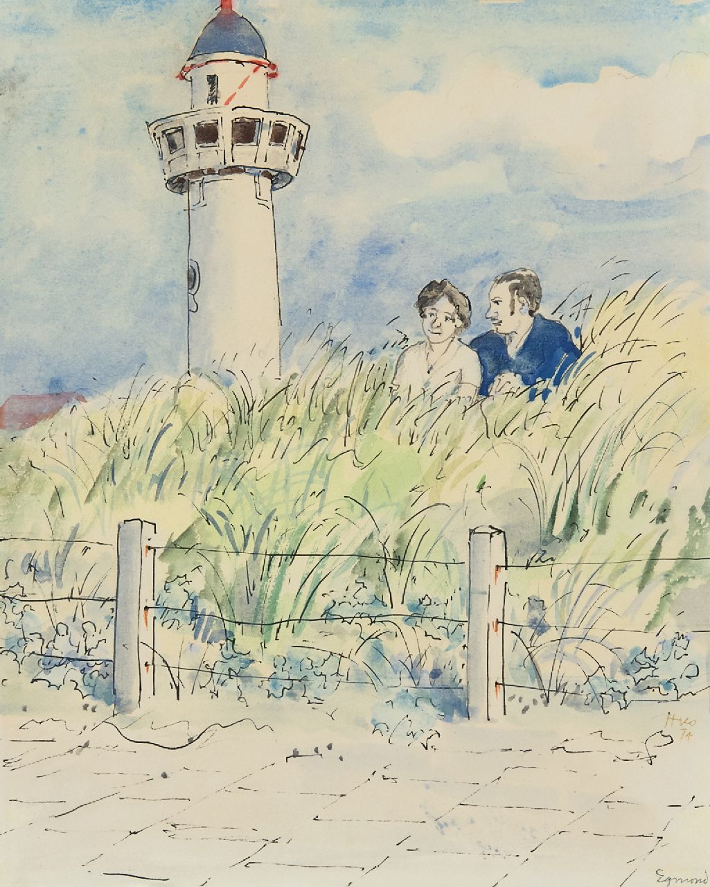 Kamerlingh Onnes H.H. | 'Harm' Henrick Kamerlingh Onnes, Paartje in de duinen van Egmond aan Zee, pen, inkt en aquarel op papier 25,7 x 21,0 cm, gesigneerd rechtsonder en gedateerd '74 Kamerlingh Onnes H.H. | 'Harm' Henrick Kamerlingh Onnes, Paartje in de duinen van Egmond aan Zee, pen, inkt en aquarel op papier 25,7 x 21,0 cm, gesigneerd rechtsonder en gedateerd '74