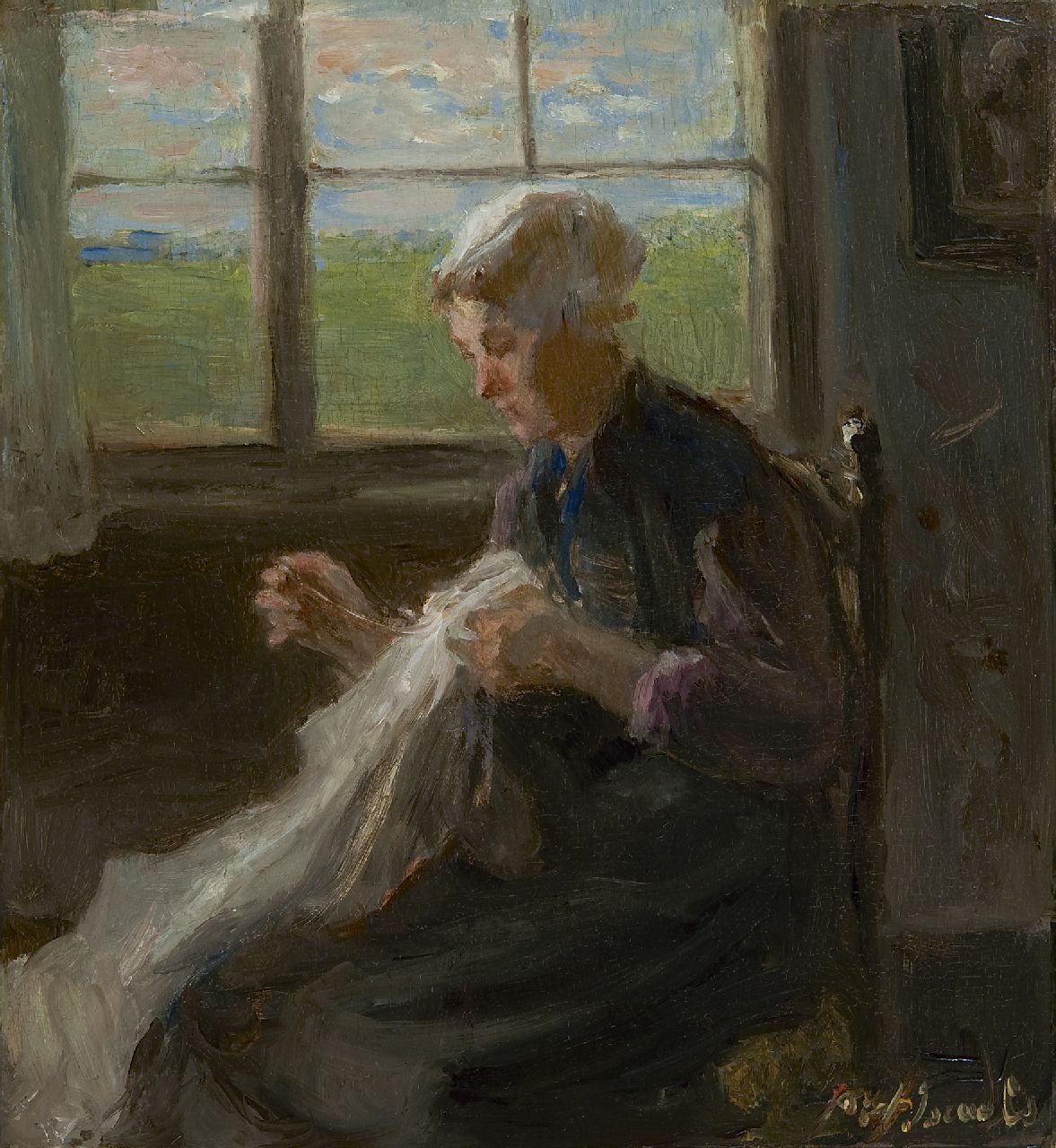 Israëls J. | Jozef Israëls, Haar uitzet, olieverf op paneel 30,0 x 27,7 cm, gesigneerd rechtsonder en te dateren ca. 1890-1900 Israëls J. | Jozef Israëls, Haar uitzet, olieverf op paneel 30,0 x 27,7 cm, gesigneerd rechtsonder en te dateren ca. 1890-1900