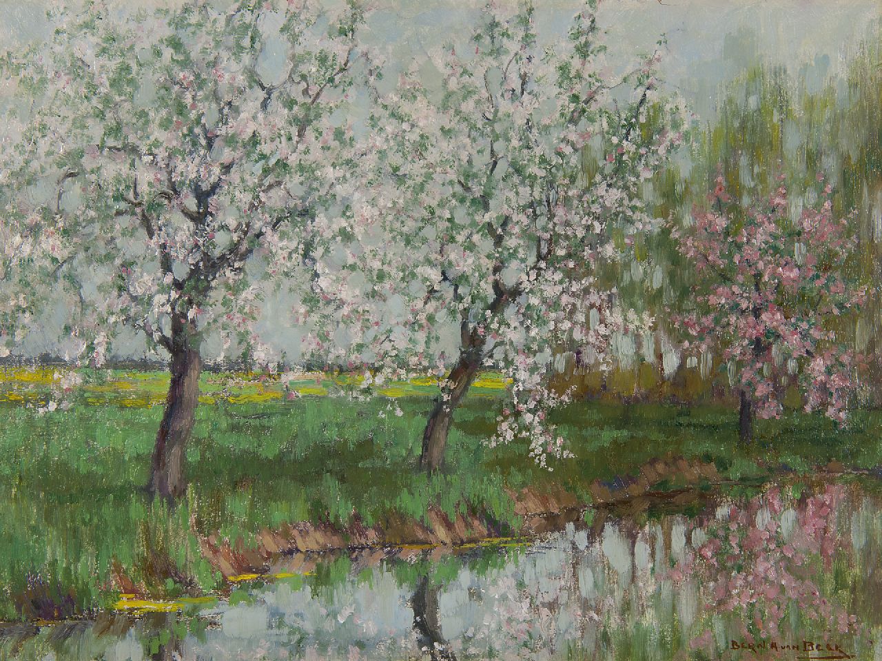 Beek B.A. van | Bernardus Antonie van Beek, Bloesembomen langs het water, olieverf op schildersboard 30,5 x 40,4 cm, gesigneerd rechtsonder Beek B.A. van | Bernardus Antonie van Beek, Bloesembomen langs het water, olieverf op schildersboard 30,5 x 40,4 cm, gesigneerd rechtsonder