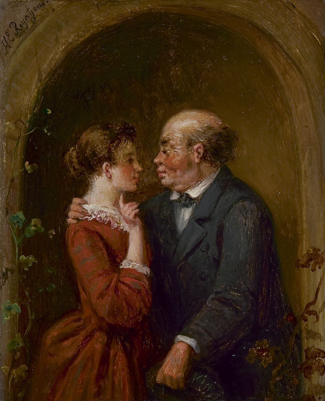 Reijntjens H.E.  | Henricus Engelbertus Reijntjens | Schilderijen te koop aangeboden | 'De vos verliest wel zijn haar maar niet zijn nukken', olieverf op paneel 19,0 x 15,0 cm, gesigneerd linksboven