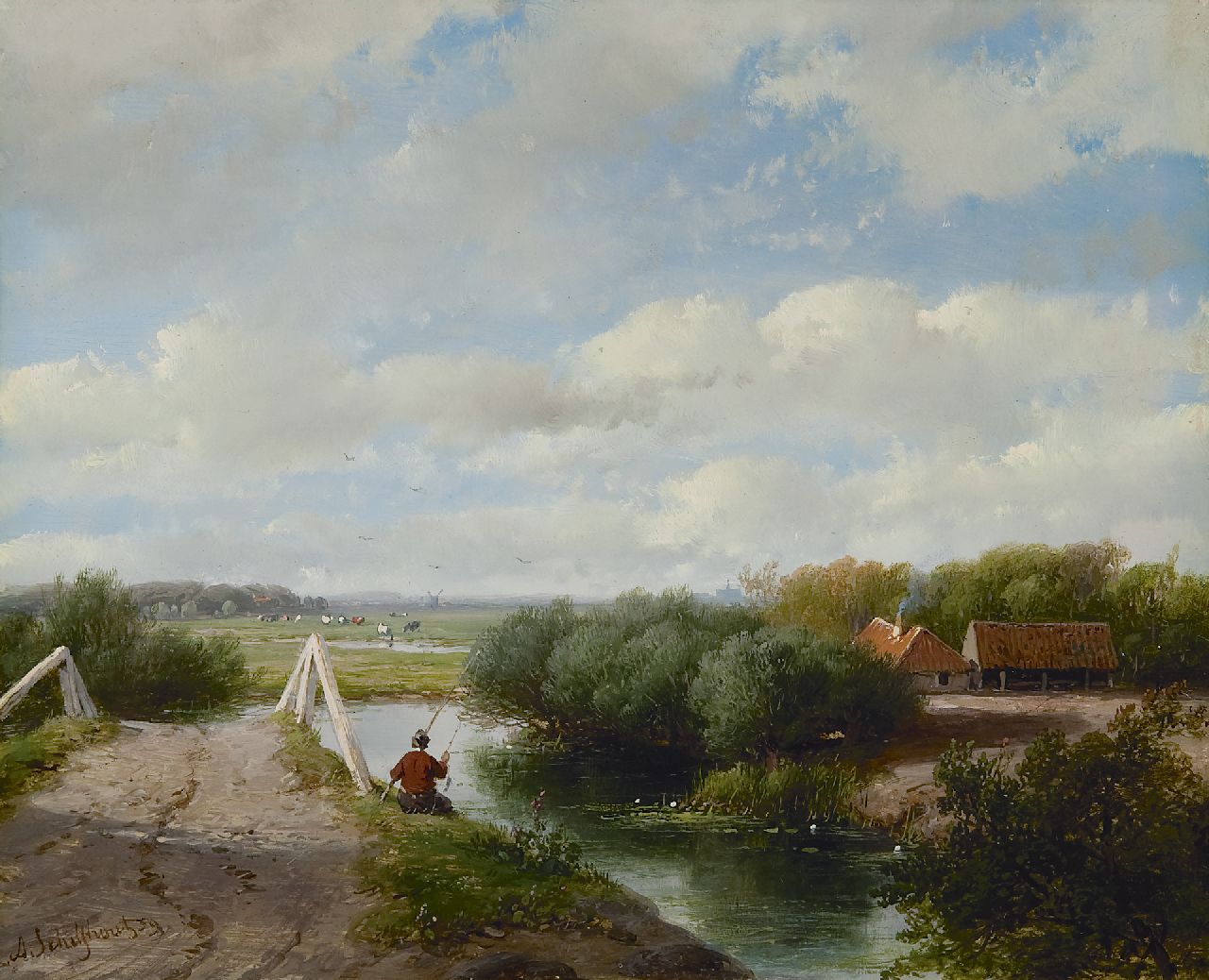 Schelfhout A. | Andreas Schelfhout, Zomerlandschap met hengelaar, bij Haarlem, olieverf op paneel 19,5 x 24,1 cm, gesigneerd linksonder en gedateerd '59 Schelfhout A. | Andreas Schelfhout, Zomerlandschap met hengelaar, bij Haarlem, olieverf op paneel 19,5 x 24,1 cm, gesigneerd linksonder en gedateerd '59