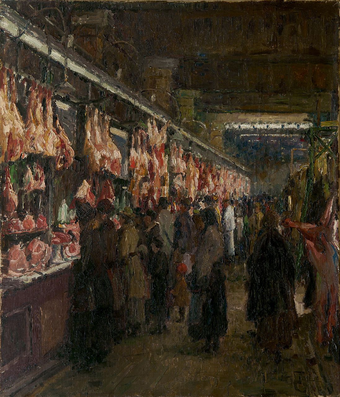 Thiele O. | Otto Thiele, Overdekte vleesmarkt (vermoedelijk Berlijn), olieverf op doek 70,4 x 60,4 cm, gesigneerd rechtsonder Thiele O. | Otto Thiele, Overdekte vleesmarkt (vermoedelijk Berlijn), olieverf op doek 70,4 x 60,4 cm, gesigneerd rechtsonder