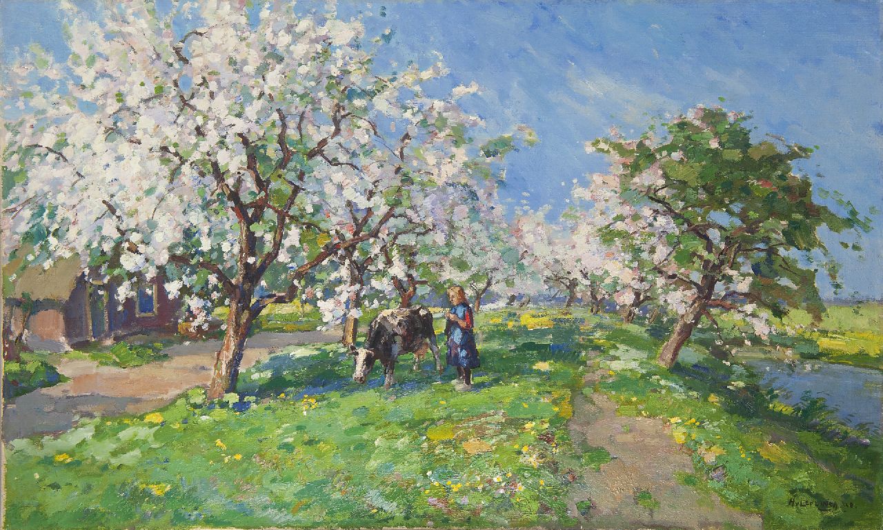 Leeuwen H. van | Hendrik 'Henk' van Leeuwen, Koeherderin in bloeiende boomgaard bij Oudewater, olieverf op doek 66,0 x 101,8 cm, gesigneerd rechtsonder en gedateerd '40 Leeuwen H. van | Hendrik 'Henk' van Leeuwen, Koeherderin in bloeiende boomgaard bij Oudewater, olieverf op doek 66,0 x 101,8 cm, gesigneerd rechtsonder en gedateerd '40
