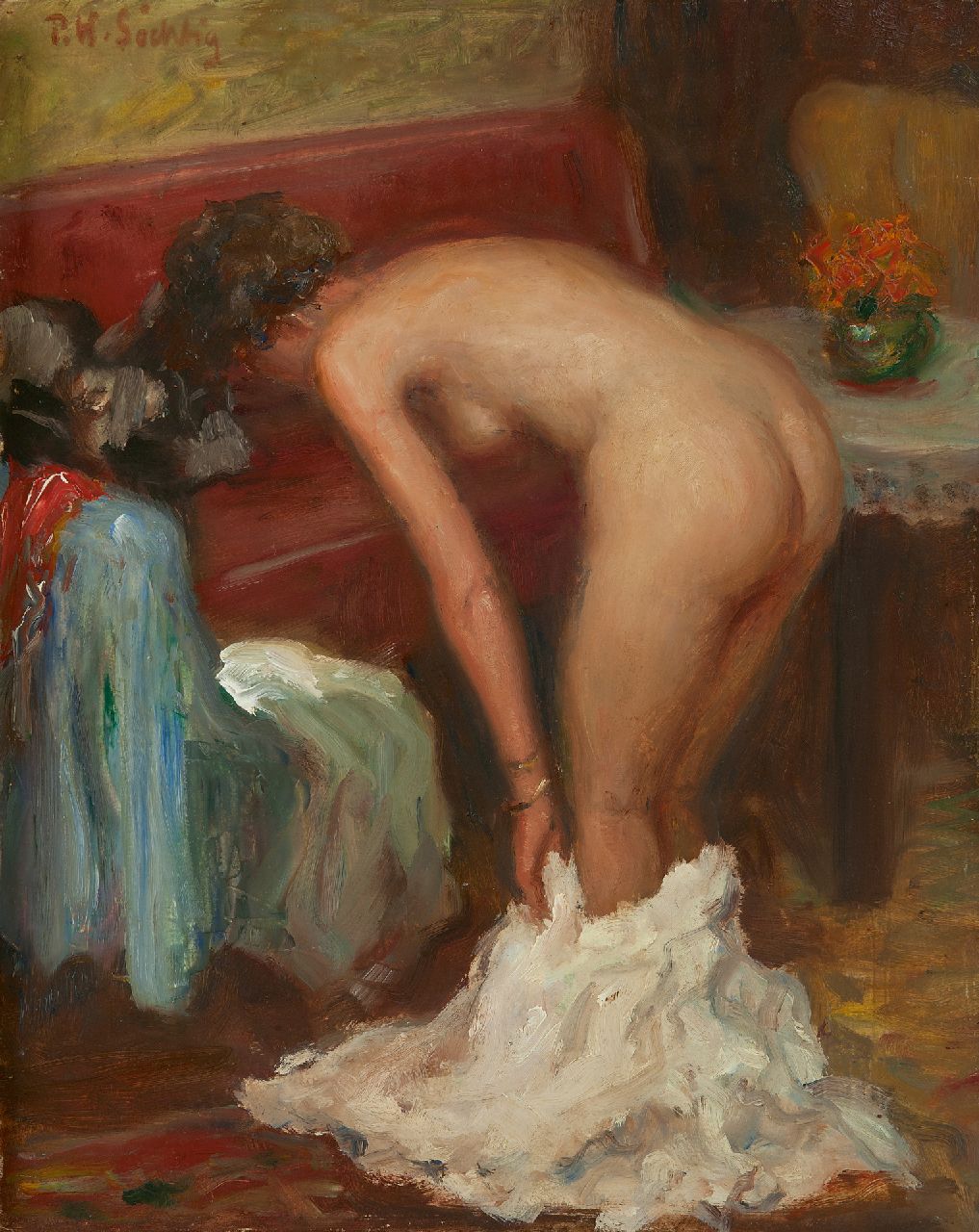 Söchtig P.W.  | Paul Werner Söchtig | Schilderijen te koop aangeboden | Naakt in een boudoir, olieverf op board 50,3 x 40,1 cm, gesigneerd linksboven