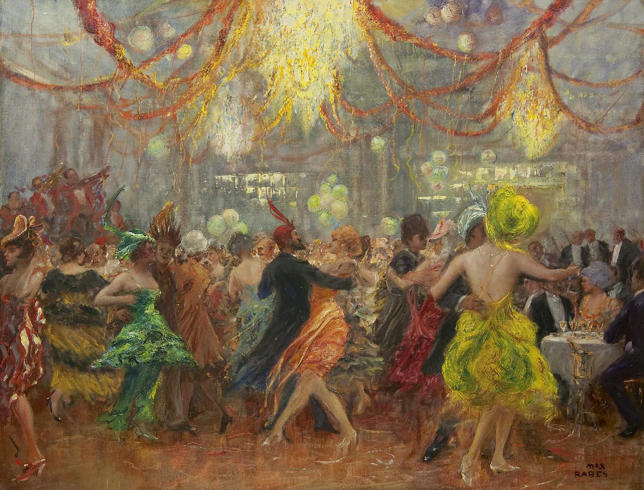 Rabes M.F.F. | 'Max' Friedrich Ferdinand Rabes, Carnavalsbal, olieverf op doek 84,0 x 109,5 cm, gesigneerd rechtsonder Rabes M.F.F. | 'Max' Friedrich Ferdinand Rabes, Carnavalsbal, olieverf op doek 84,0 x 109,5 cm, gesigneerd rechtsonder