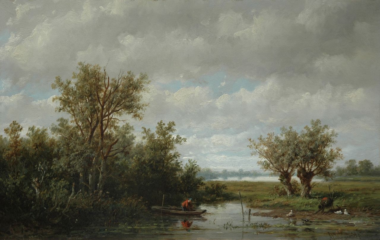 Wijngaerdt A.J. van | Anthonie Jacobus van Wijngaerdt, Polderlandschap met visser, olieverf op paneel 27,5 x 43,6 cm, gesigneerd rechtsonder Wijngaerdt A.J. van | Anthonie Jacobus van Wijngaerdt, Polderlandschap met visser, olieverf op paneel 27,5 x 43,6 cm, gesigneerd rechtsonder