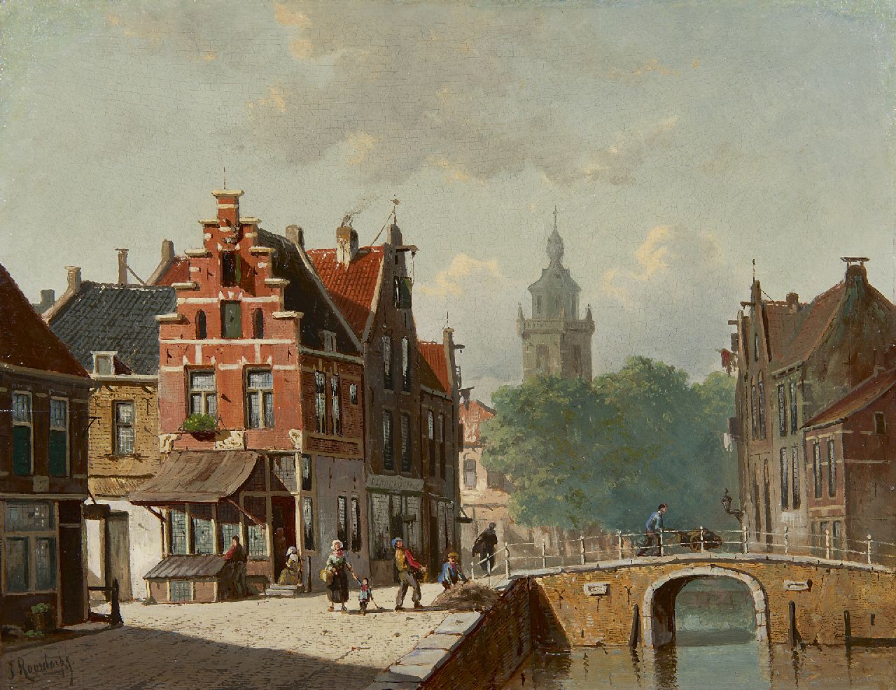 Roosdorp F. | Frederik Roosdorp, Hollandse stadsgracht in de zomer, olieverf op paneel 28,0 x 36,5 cm, gesigneerd linksonder Roosdorp F. | Frederik Roosdorp, Hollandse stadsgracht in de zomer, olieverf op paneel 28,0 x 36,5 cm, gesigneerd linksonder