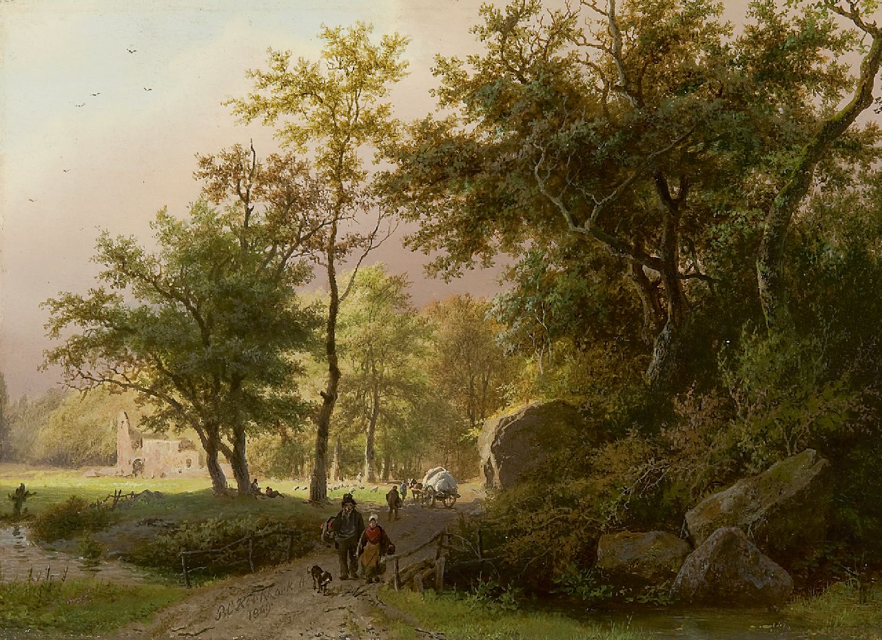 Koekkoek B.C. | Barend Cornelis Koekkoek, Landvolk op een bospad bij een ruïne, olieverf op paneel 17,7 x 24,4 cm, gesigneerd middenonder en gedateerd 1849 Koekkoek B.C. | Barend Cornelis Koekkoek, Landvolk op een bospad bij een ruïne, olieverf op paneel 17,7 x 24,4 cm, gesigneerd middenonder en gedateerd 1849