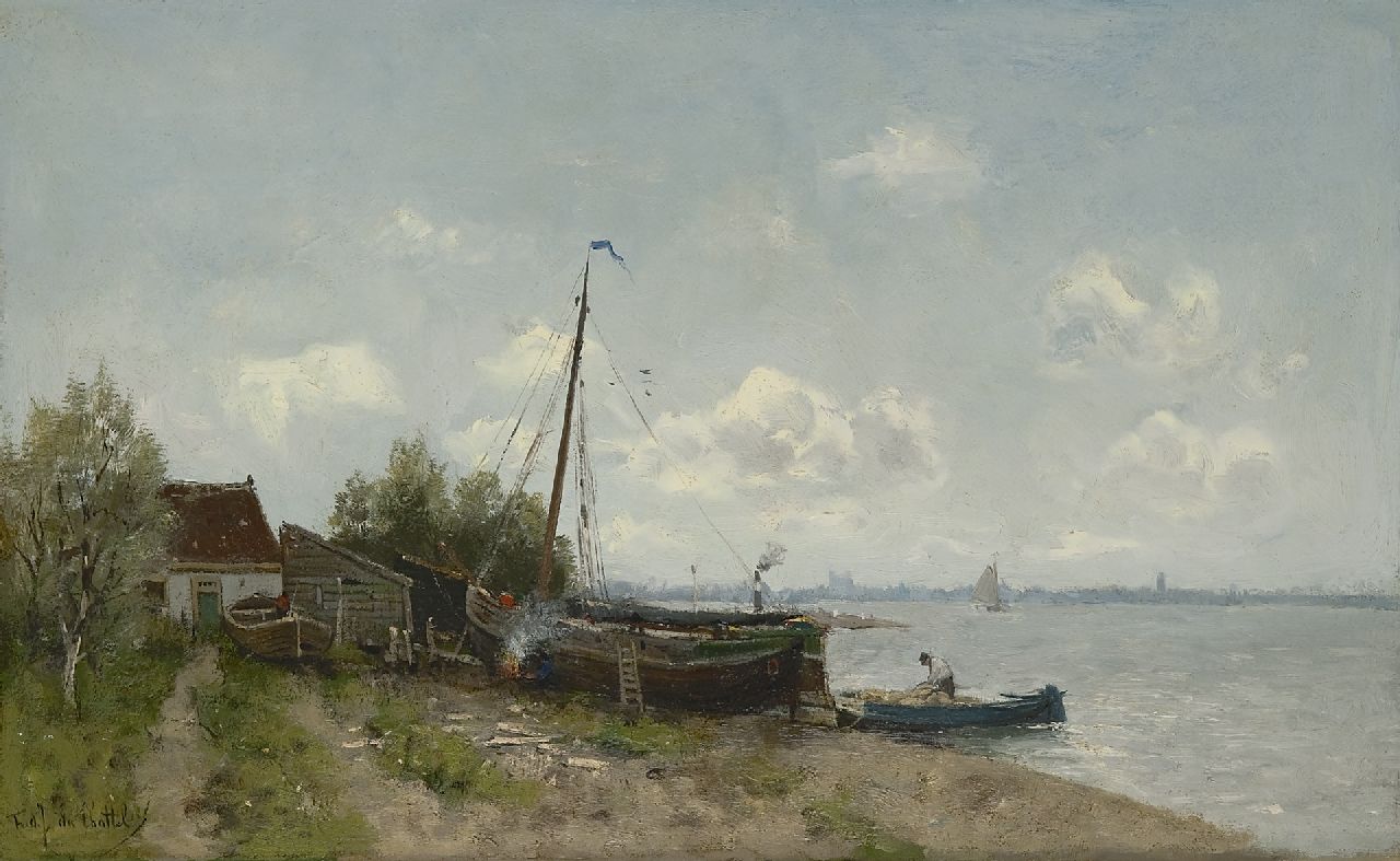 Rossum du Chattel F.J. van | Fredericus Jacobus van Rossum du Chattel, Werfje langs een rivier, olieverf op doek 39,4 x 63,7 cm, gesigneerd linksonder Rossum du Chattel F.J. van | Fredericus Jacobus van Rossum du Chattel, Werfje langs een rivier, olieverf op doek 39,4 x 63,7 cm, gesigneerd linksonder