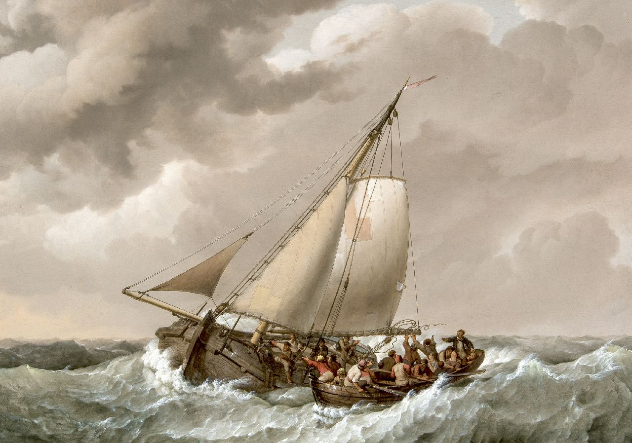 Koekkoek J.H. | Johannes Hermanus Koekkoek, Redding van schipbreukelingen op open zee, olieverf op paneel 49,1 x 69,9 cm, gesigneerd middenonder op roeiboot en gedateerd 1820 Koekkoek J.H. | Johannes Hermanus Koekkoek, Redding van schipbreukelingen op open zee, olieverf op paneel 49,1 x 69,9 cm, gesigneerd middenonder op roeiboot en gedateerd 1820
