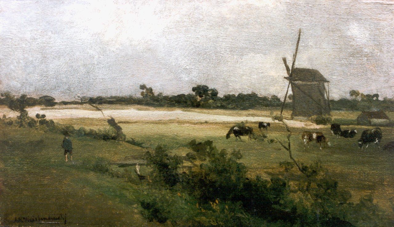 Weissenbruch H.J. | Hendrik Johannes 'J.H.' Weissenbruch, Polderlandschap met molens, olieverf op paneel 18,0 x 31,1 cm, gesigneerd linksonder Weissenbruch H.J. | Hendrik Johannes 'J.H.' Weissenbruch, Polderlandschap met molens, olieverf op paneel 18,0 x 31,1 cm, gesigneerd linksonder
