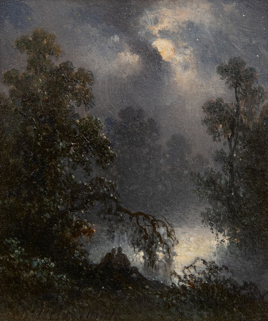 Hilverdink J. | Johannes Hilverdink | Schilderijen te koop aangeboden | Bosvijver met verliefd paar bij maanlicht, olieverf op paneel 10,8 x 9,1 cm, gesigneerd linksonder Hilverdink J. | Johannes Hilverdink | Schilderijen te koop aangeboden | Bosvijver met verliefd paar bij maanlicht, olieverf op paneel 10,8 x 9,1 cm, gesigneerd linksonder