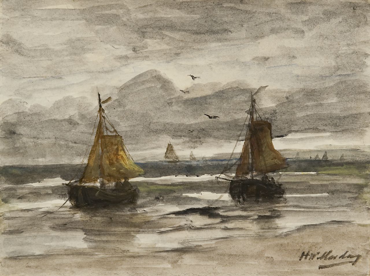 Mesdag H.W. | Hendrik Willem Mesdag, Twee visserspinken voor anker, aquarel op papier 18,1 x 24,1 cm, gesigneerd rechtsonder Mesdag H.W. | Hendrik Willem Mesdag, Twee visserspinken voor anker, aquarel op papier 18,1 x 24,1 cm, gesigneerd rechtsonder