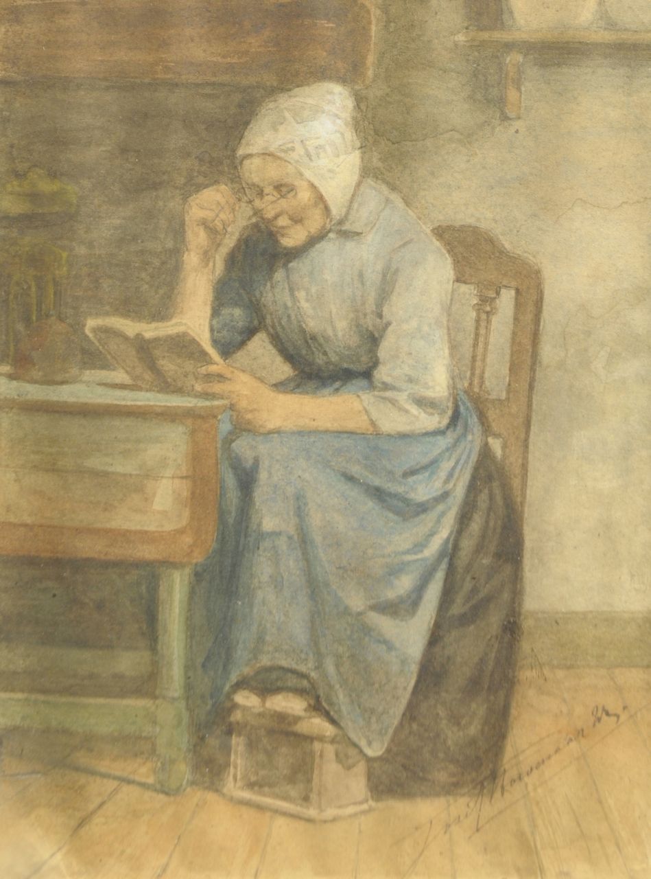 Hoevenaar J. | Jozef Hoevenaar, Lezende vrouw, aquarel op papier 23,3 x 17,3 cm, gesigneerd rechtsonder Hoevenaar J. | Jozef Hoevenaar, Lezende vrouw, aquarel op papier 23,3 x 17,3 cm, gesigneerd rechtsonder