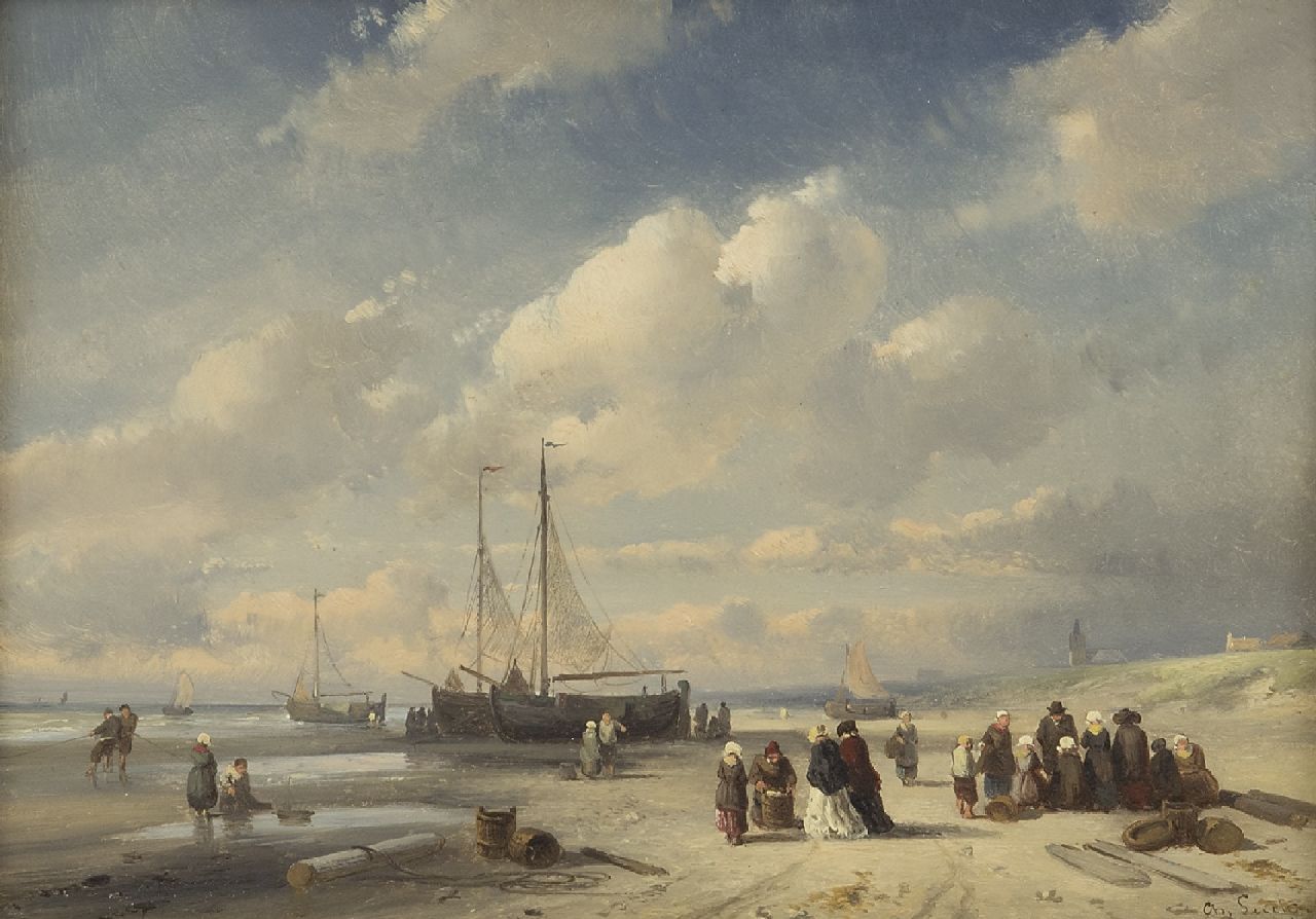 Leickert C.H.J.  | 'Charles' Henri Joseph Leickert | Schilderijen te koop aangeboden | Visafslag op het strand van Scheveningen, olieverf op paneel 19,2 x 27,0 cm, gesigneerd rechtsonder en te dateren eind jaren 50