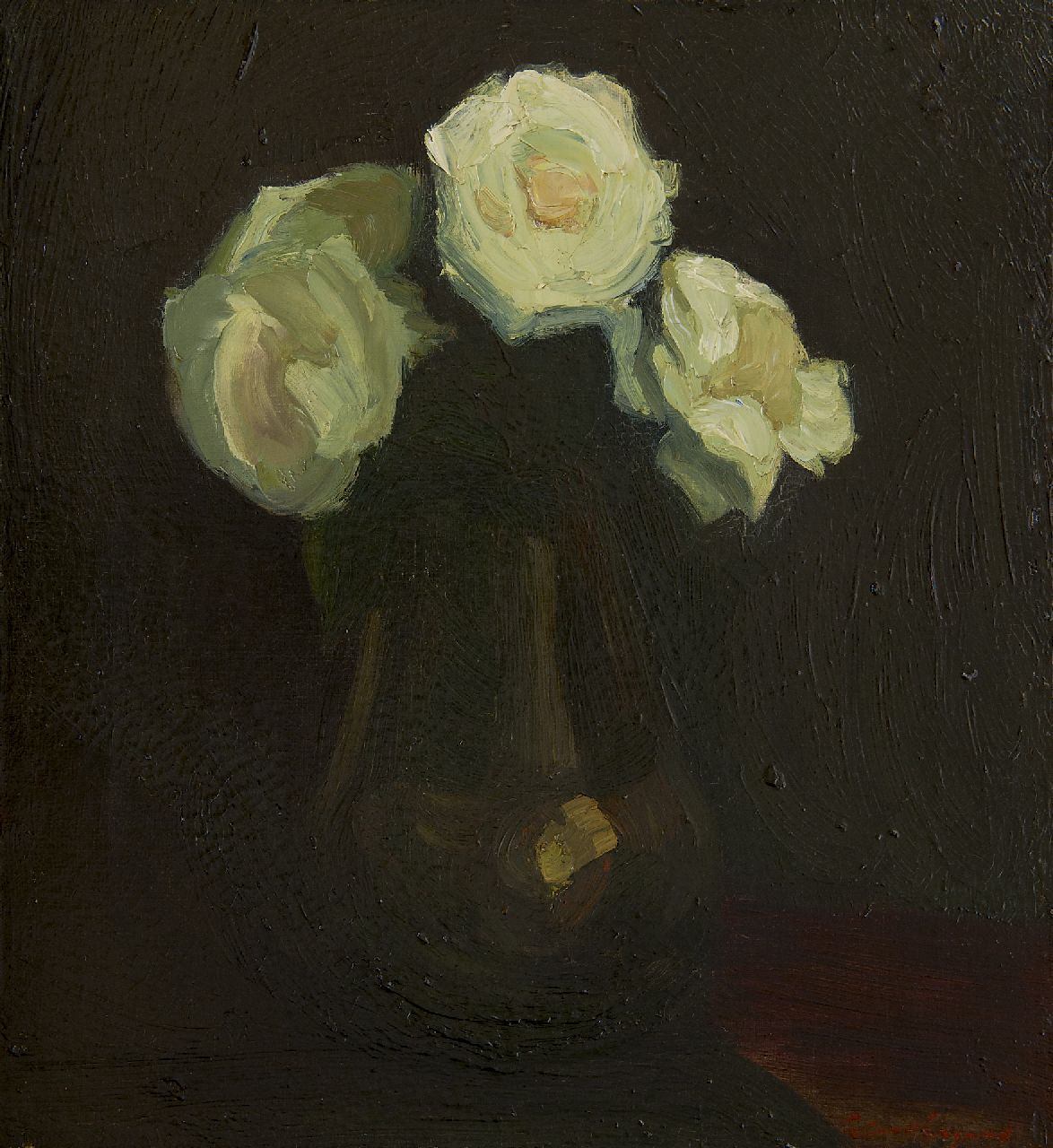 Wijngaerdt P.T. van | Petrus Theodorus 'Piet' van Wijngaerdt, Witte rozen, olieverf op doek 44,7 x 40,0 cm, gesigneerd rechtsonder en te dateren ca. 1918-1920 Wijngaerdt P.T. van | Petrus Theodorus 'Piet' van Wijngaerdt, Witte rozen, olieverf op doek 44,7 x 40,0 cm, gesigneerd rechtsonder en te dateren ca. 1918-1920