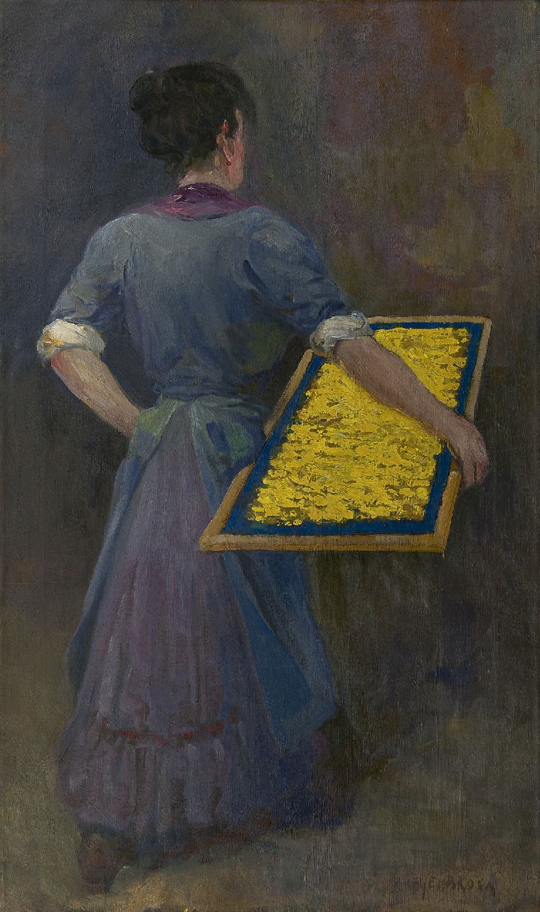 Heijenbrock J.C.H. | Johan Coenraad Hermann 'Herman' Heijenbrock, Arbeidster in de vermicellifabriek, olieverf op doek 95,4 x 56,4 cm, gesigneerd rechtsonder Heijenbrock J.C.H. | Johan Coenraad Hermann 'Herman' Heijenbrock, Arbeidster in de vermicellifabriek, olieverf op doek 95,4 x 56,4 cm, gesigneerd rechtsonder