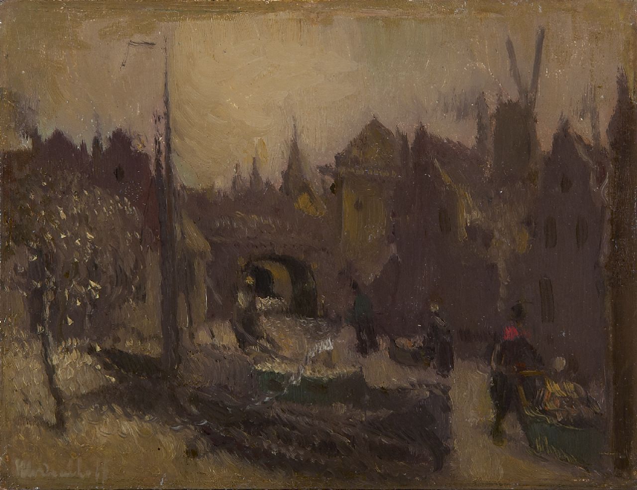 Daalhoff H.A. van | Hermanus Antonius 'Henri' van Daalhoff, Schaatsers op een stadsgracht, olieverf op paneel 14,0 x 18,2 cm, gesigneerd linksonder
