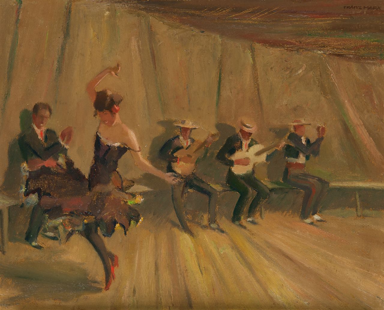 Marx F. | Franz Marx | Schilderijen te koop aangeboden | Flamencodanseres en muzikanten, olieverf op board 44,5 x 54,8 cm, gesigneerd rechtsboven Marx F. | Franz Marx | Schilderijen te koop aangeboden | Flamencodanseres en muzikanten, olieverf op board 44,5 x 54,8 cm, gesigneerd rechtsboven