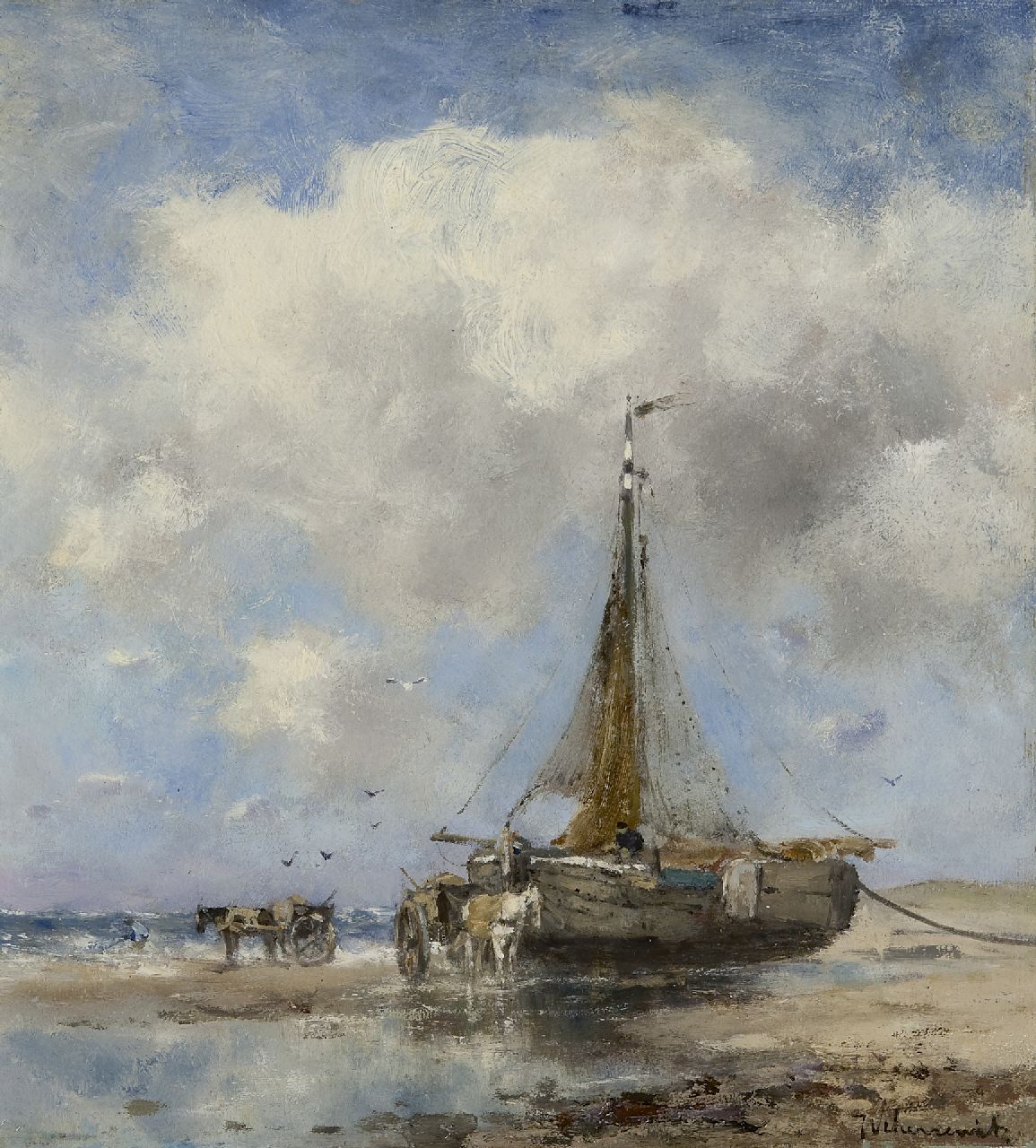 Scherrewitz J.F.C. | Johan Frederik Cornelis Scherrewitz, Bomschuit en schelpenkarren op het strand van Katwijk, olieverf op paneel 27,6 x 25,2 cm, gesigneerd rechtsonder Scherrewitz J.F.C. | Johan Frederik Cornelis Scherrewitz, Bomschuit en schelpenkarren op het strand van Katwijk, olieverf op paneel 27,6 x 25,2 cm, gesigneerd rechtsonder